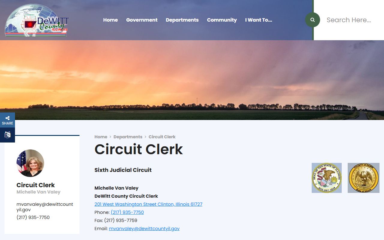 DeWitt County Circuit Clerk page showing Michelle Van Valey and court record contact details
