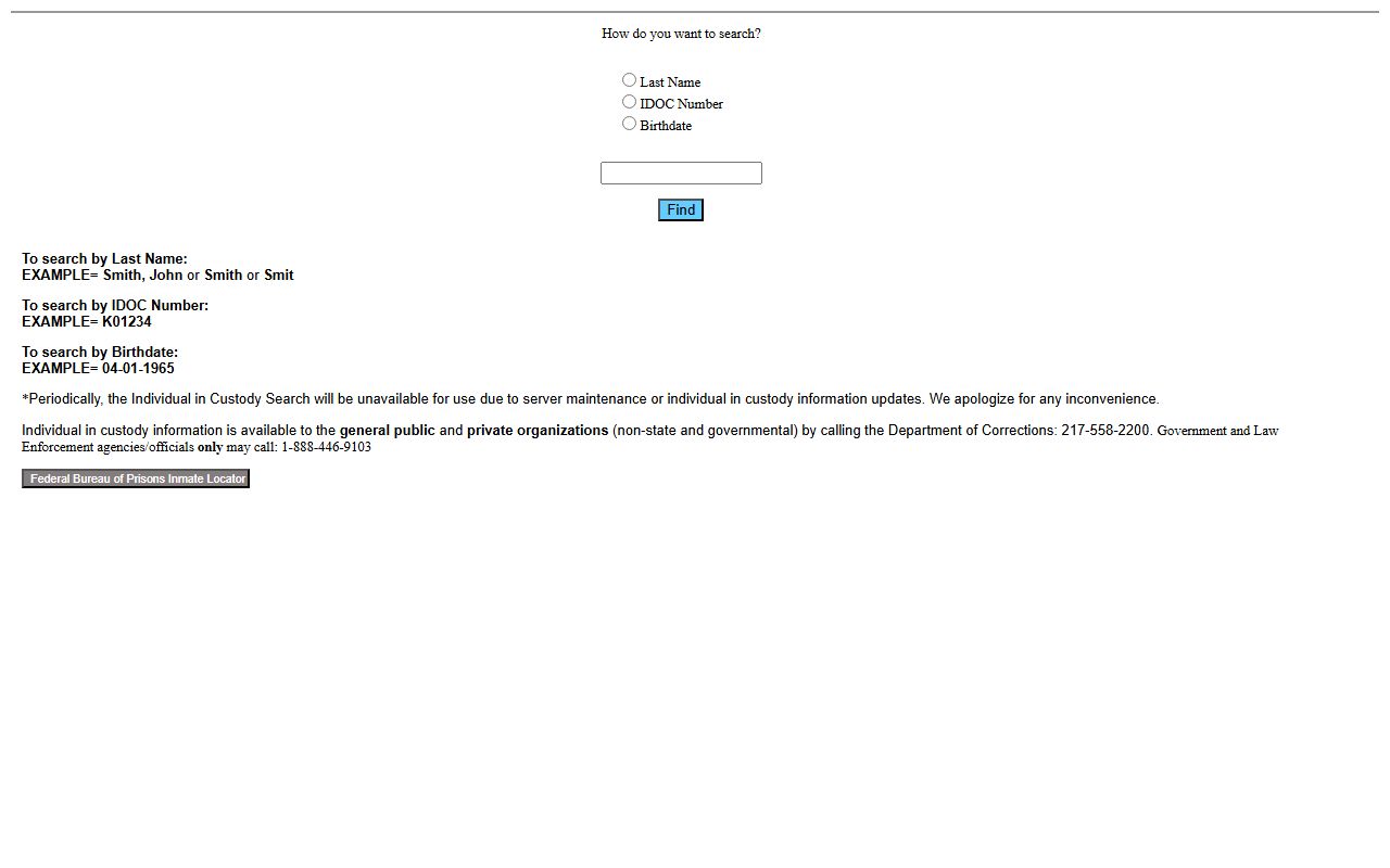 IDOC search form for DeWitt County sentenced inmate records